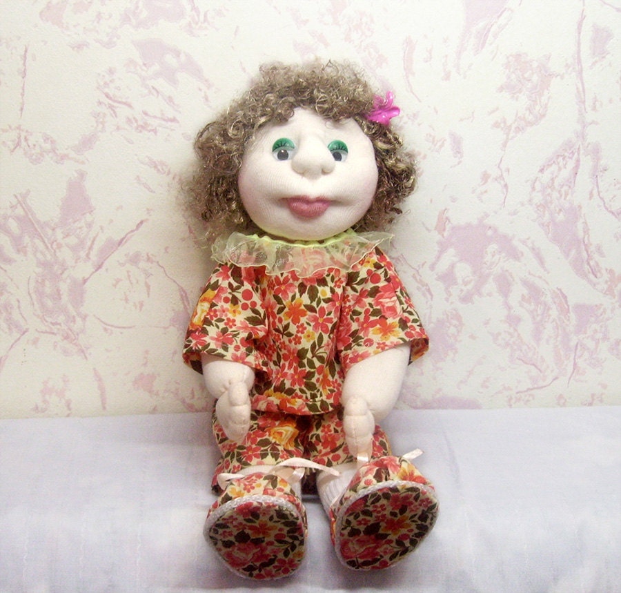 Textile Doll With Curly Hair - Dressed in Colorful Costume