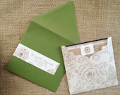 Antique Rose Burlap and Lace Victorian Vintage Simple Contemporary Flowers Elegant Wedding Invitation typography, calligraphy, sage, olive,