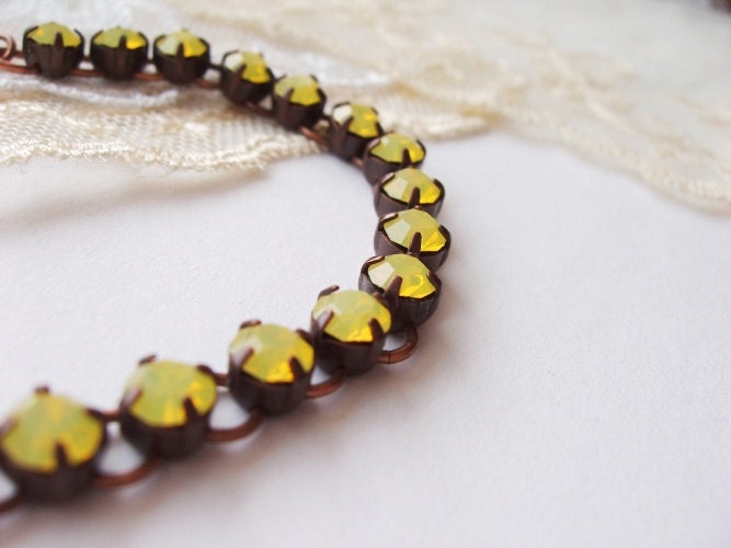 Rhinestone Bracelet in Yellow Opal, Tennis Bracelet Vintage in Antique Copper Prong Setting Signed Pastel Color