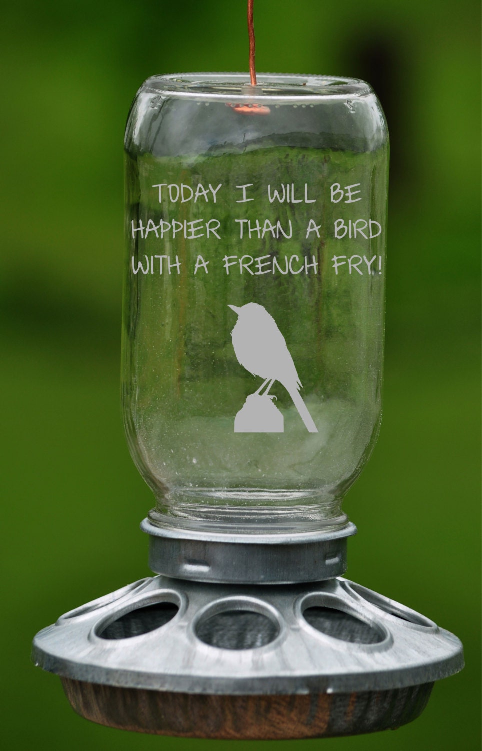 Mason Jar Bird Feeder Sand Carved Happier Than a Bird with a French Fry or Your Personalized Saying Etched