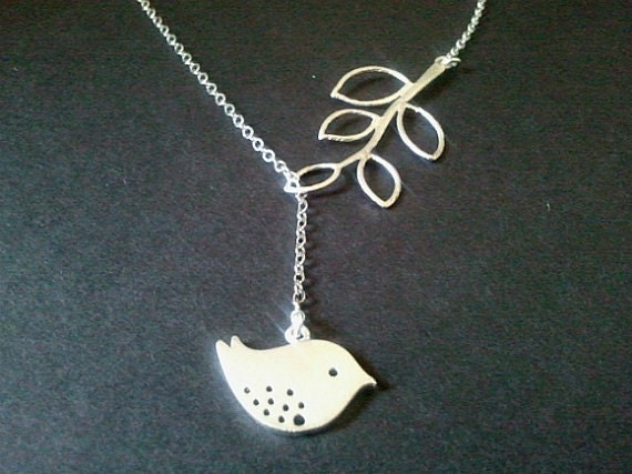 SALE , Lariat Bird and Branch Silver Necklace, Bird charm, Leaf Pendant, wedding jewelry, mother's day gift, Modern, Everyday Jewelry