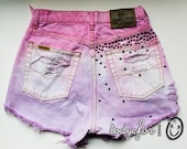 Pastel Pink and Lilac Ombre Dyed Denim Shorts High Waisted Jean Cutoffs Studded Shorts