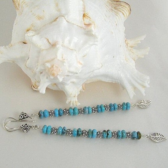 Turquoise Sterling Silver Bead Earrings, Karen Hill Tribe Leaf Turquoise Long Earrings