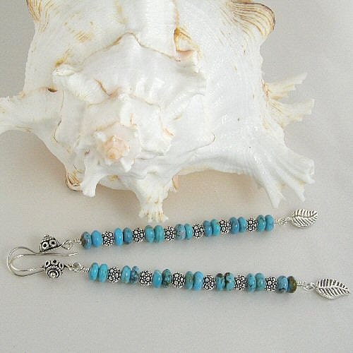 Turquoise Sterling Silver Bead Earrings, Karen Hill Tribe Leaf Turquoise Long Earrings