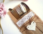 Fflatware Silverware holder,Wedding Table Setting,Burlap Flatware holders with clay hearts favor,Rustic Flatware Pockets