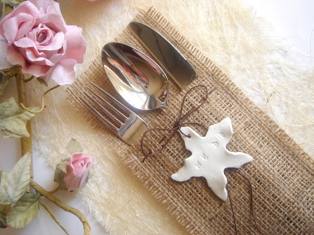 Fflatware Silverware holder,Sea Wedding Table Setting,Burlap Flatware holders with clay hearts favor,Rustic Flatware Pockets