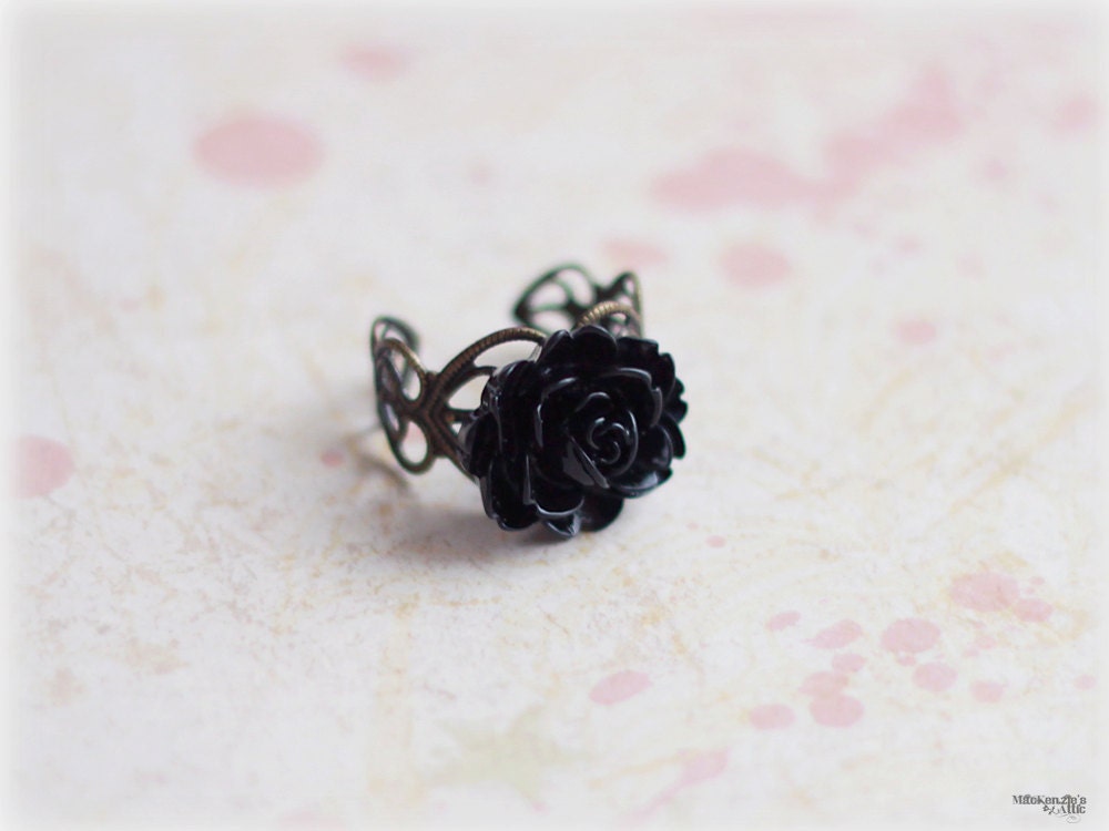 Black rose ring - gothic flower adjustable filigree lucite cabochon bridesmaid gifts for her victorian vintage victorian style jewelry