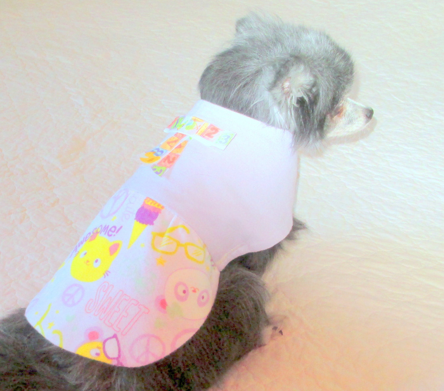 Canine Clothes Made to Order for Small Sizes - Flannel Dress w/Lavender Bodice and Multicolored Skirt and Satin Trim