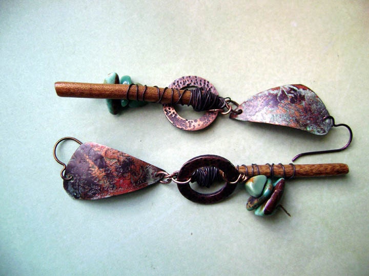 Rustic-Golden-coral-turquoise-roller-printed-floral-embossed-dangle-assemblage-earrings by Anvil Artifacts