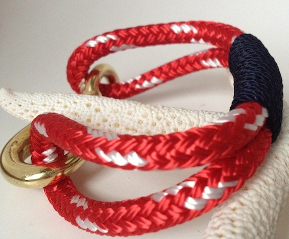 Red & White Nautical Rope Bracelet with Navy Wrap and a Bronze clasp