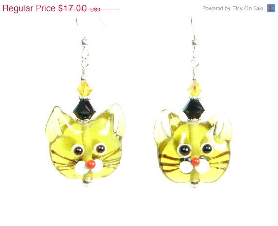 SALE Yellow Cat Earrings, Lampwork Earrings, Kitty Earrings, Lampwork Earrings, Crystal Earrings