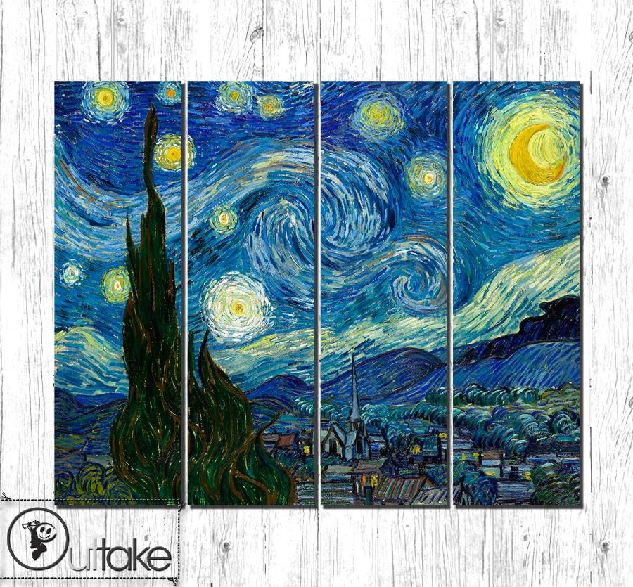 LARGE reproduction of Starry Night by Van Gogh on 4 panels Canvas Art Print ready to hang 47" x 39"