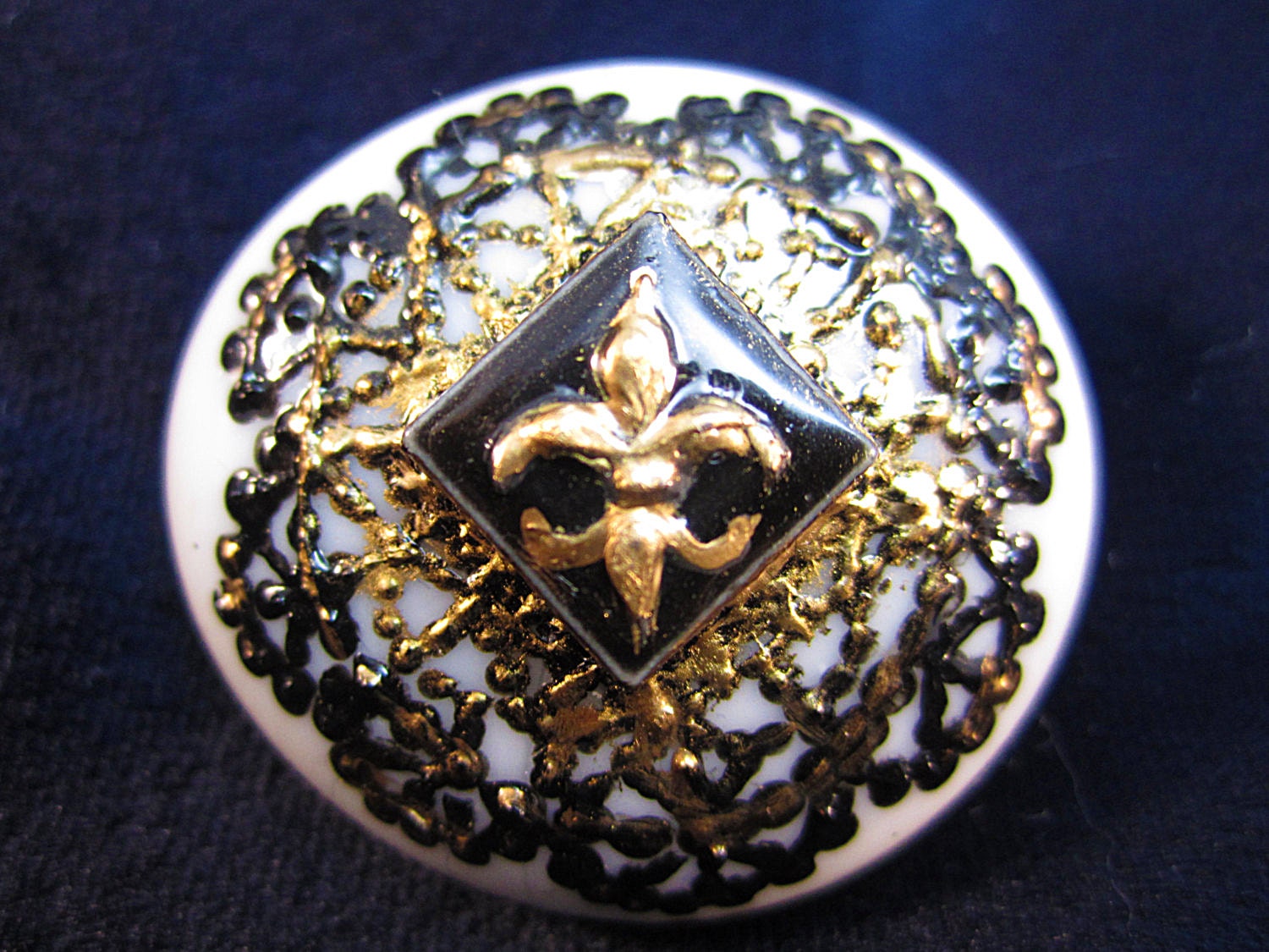 Fleur de Lys Brooch  Hand Painted White Glass OOAK Black and Gold Lace Wearable Art
