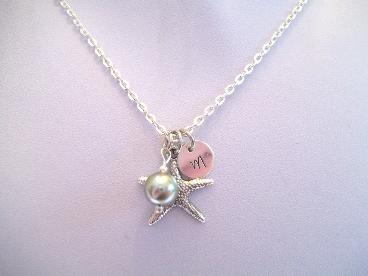 Personalized Starfish Necklace w/ Sage Green Glass Pearl -- MADE TO ORDER