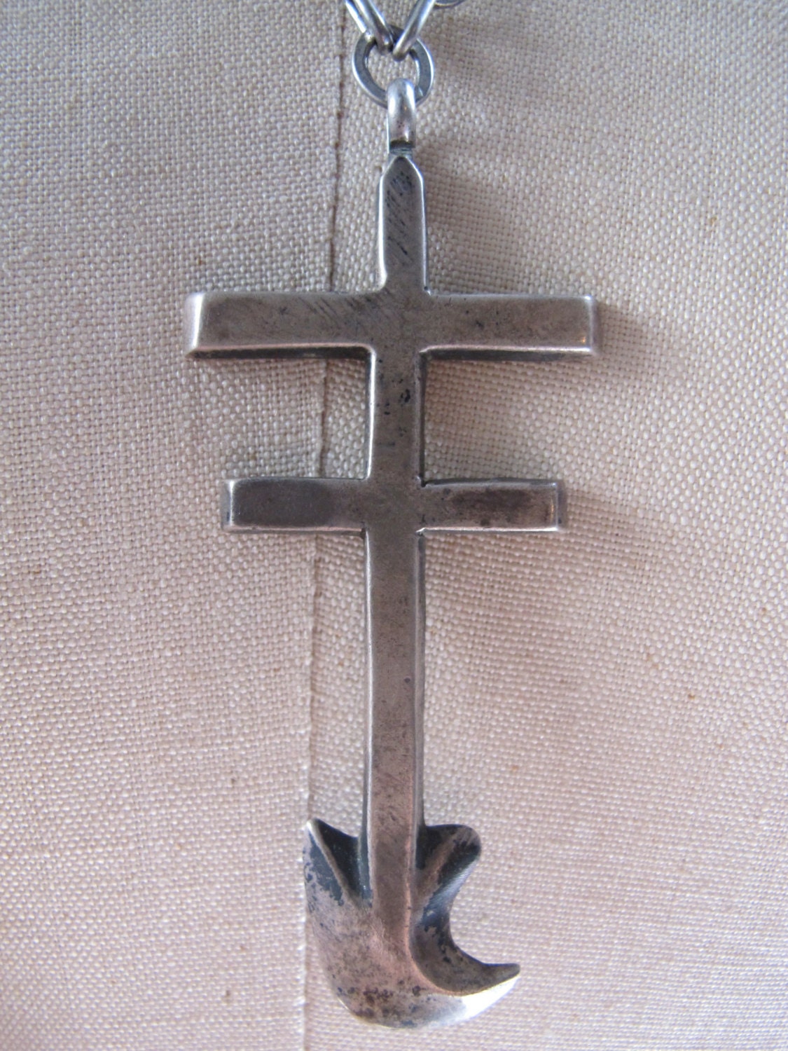 Antique Silver Chain with Antique Silver Pueblo Double Cross and Bleeding Heart Charm