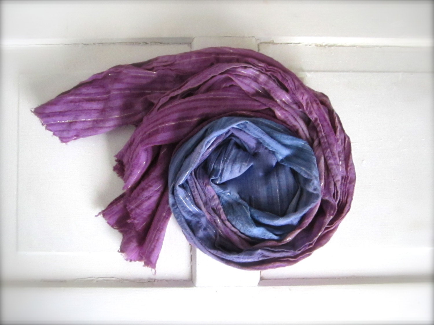 Cotton Hand Dyed Lightweight, Spring Scarf, Summer Scarf, Purple, Indigo,  Blue Ombre Scarf with Silver Thread Stripe