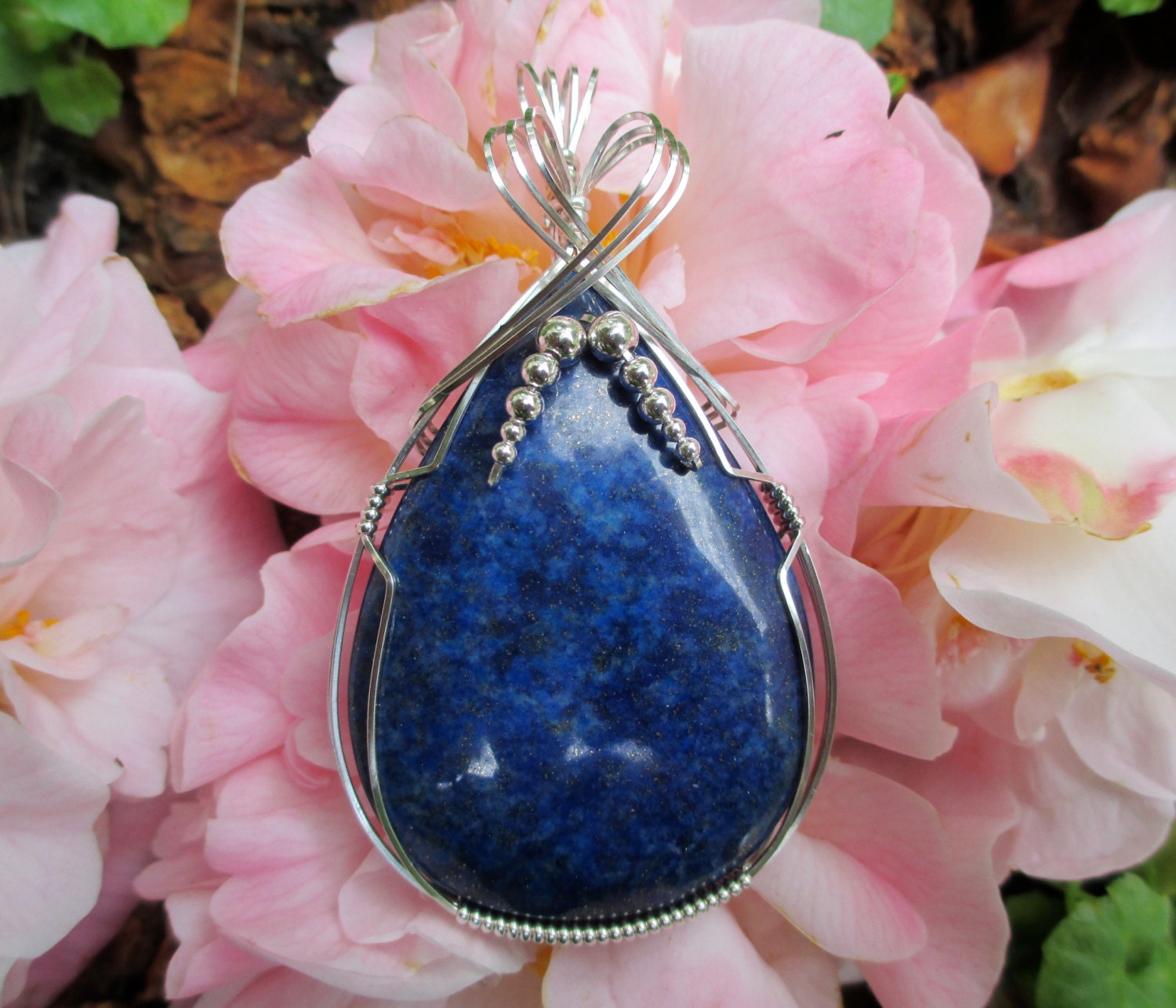 Large Lapis Lazuli Stone Sterling Silver Wire Wrapped Pendant