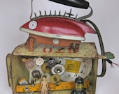 Anti Housework Themed Mixed Media Assemblage, Toy Iron, Clock Works, Spikes