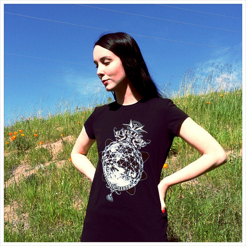 Spaceship Earth T-Shirt- Global Consciousness Space Art WE FLY ASONE Evolutionary Sacred Geometry- Womens Tee Black Your Size s - xl