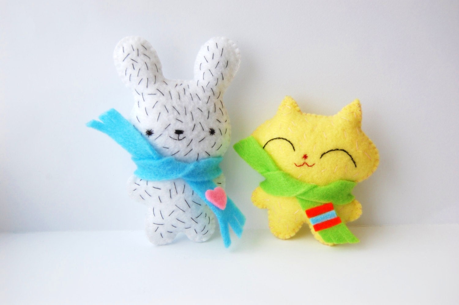 sale: bunny and kitten hand sewn mini cute felt plush dolls