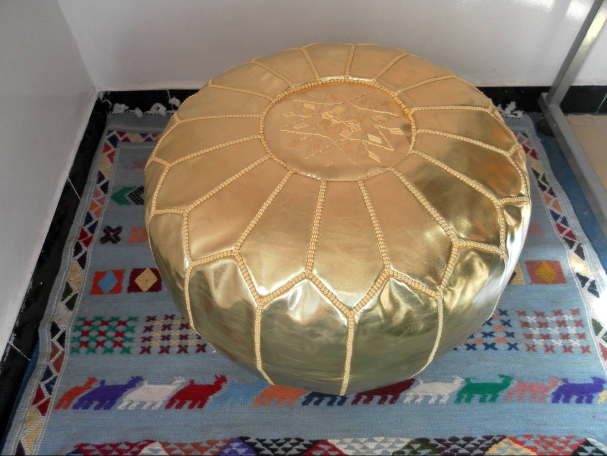 Couple of 2 Golden color Faux Leather POUFS ( also called ottomans footstool floor pillow) GL