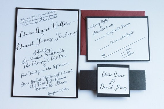 Claire Anne Black Ivory White Wedding Invitations with monogrammed tag band for formal black tie modern wedding DEPOSIT LISTING Il_570xn