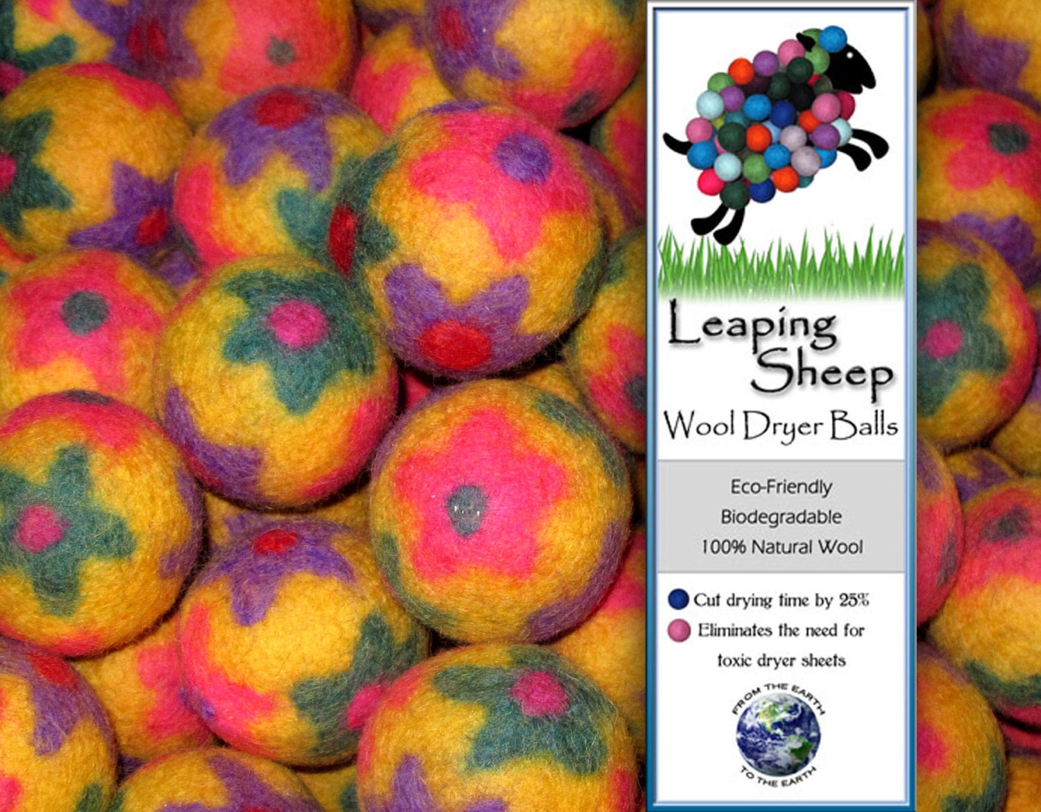 Leaping Sheep all natural YELLOW  FLOWER POWER  wool dryer ball - eco friendly - diapers - mom - babies