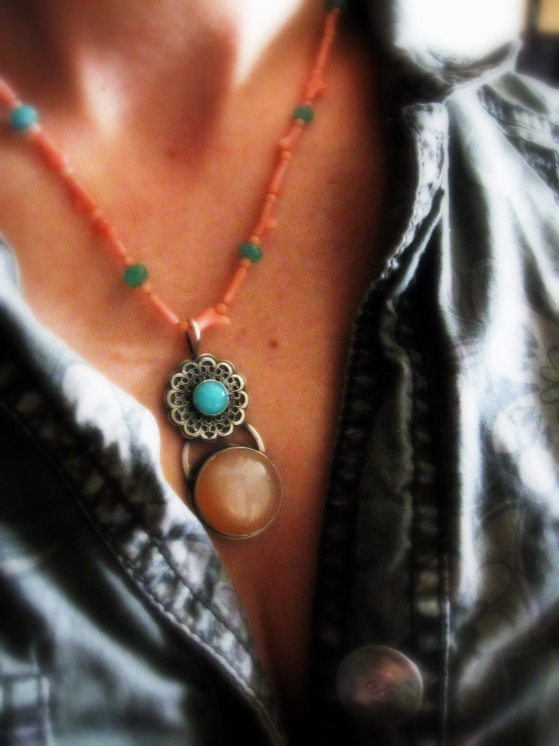 Peach Moonstone Necklace Amazonite Sterling Silver Filigree Cat Eye Statement Recycled Pink Salmon Coral Fine Jewelry Metalsmith
