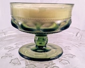 Recycled Olive Green King's Crown Thumbprint Indiana Glass Dessert Dish Handmade Scented Soy Candle