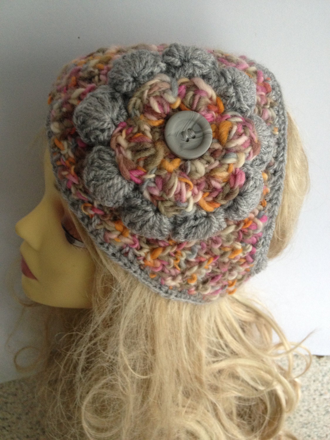 Ooak Unique womens,ladies,grey,pink,multicolour knitted,crocheted, hat, ski headband,hairband,ear warmer with crochet flower and button