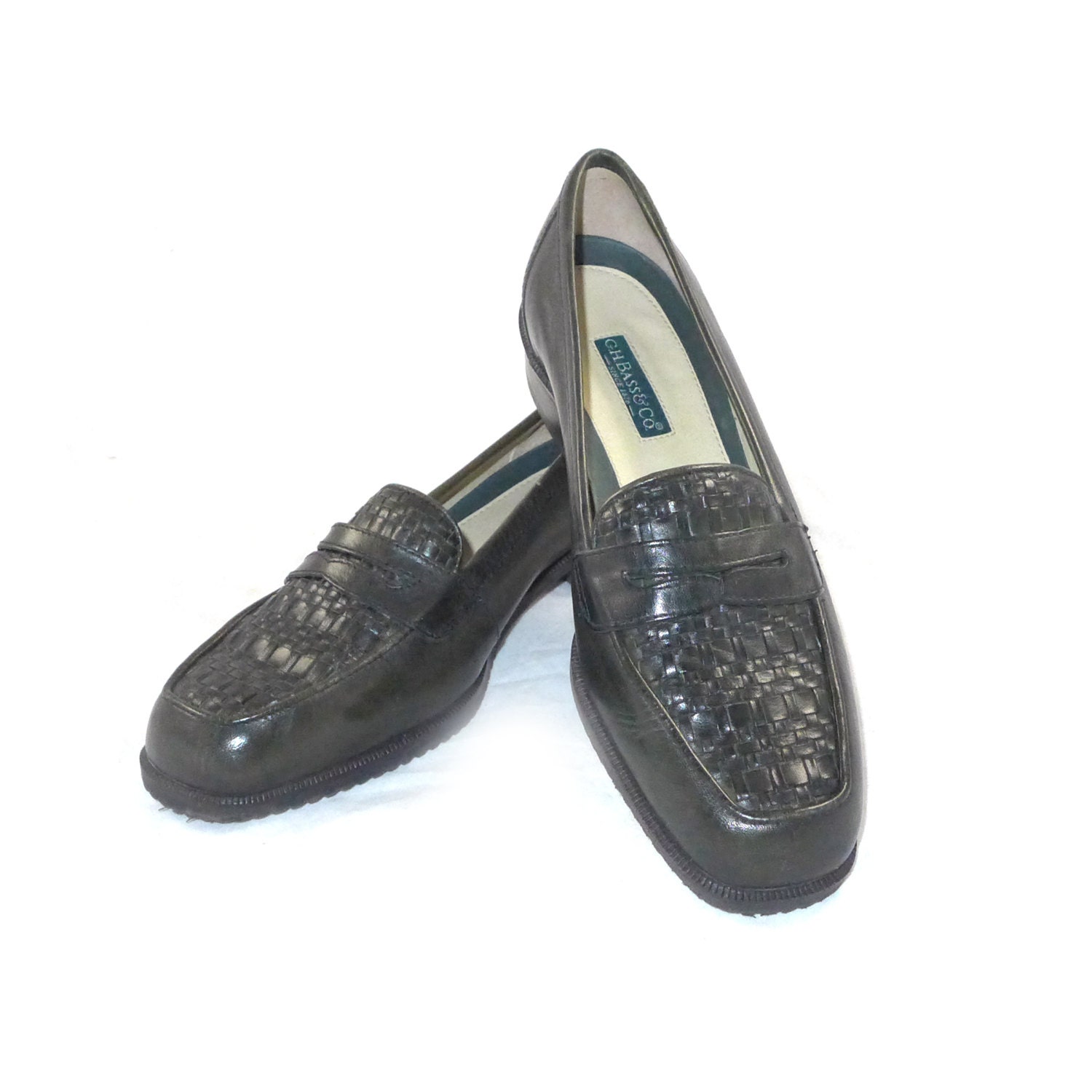 Deep forest green leather loafers - Bass - vintage woven / penny style / slip on / boat shoes 6.5 M B