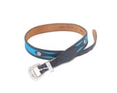 Vintage Wrangler black and blue leather belt - concho buckle, cowhide, fabric insert 34 M S