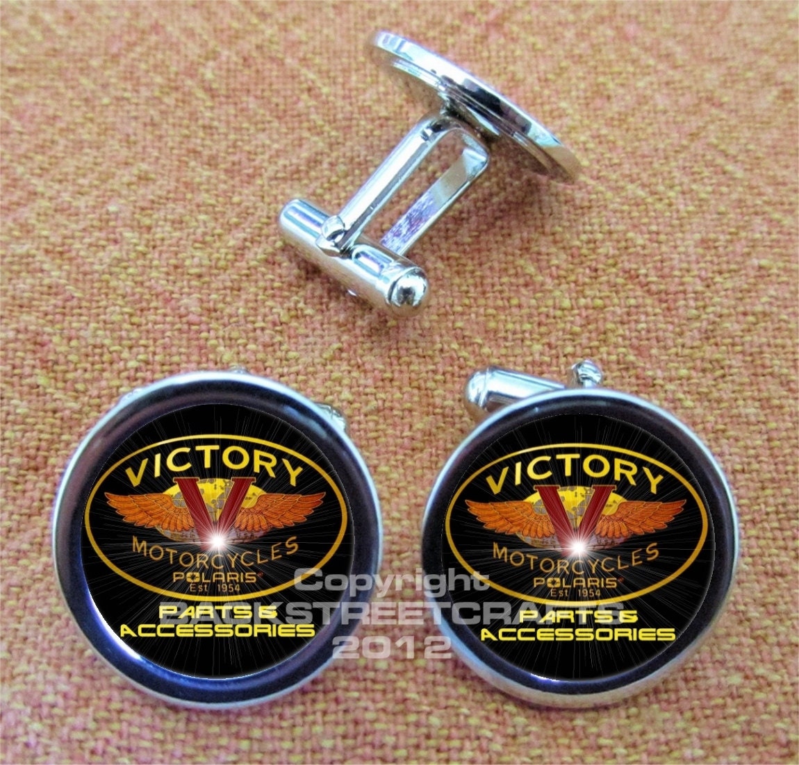VICTORY MOTORCYCLE PARTS Logo Nickel Plated Cuff Link Pair Free gift Box Weddings  Christmas Quickship Under 20.00