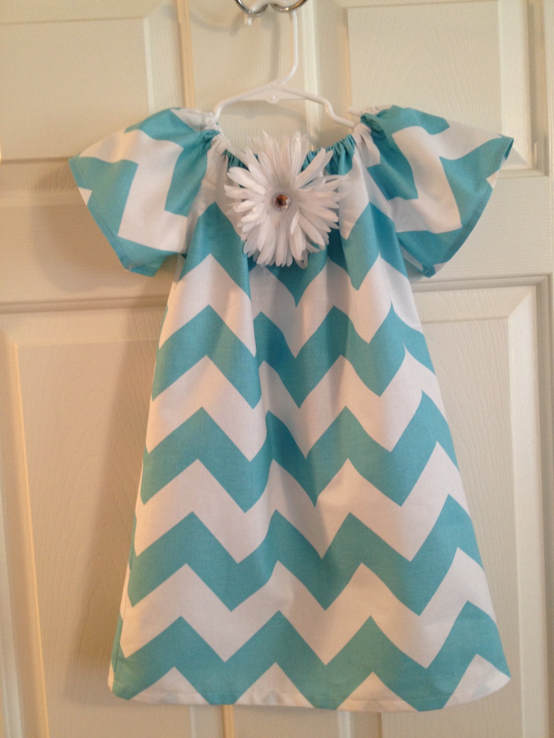 Aqua chevron peasant dress with flutter sleeves