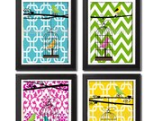 Unframed Vintage Modern Bird Flowers Art Print  - Set of Four 5x7 Print Featured in Yellow Green Turquoise Pink
