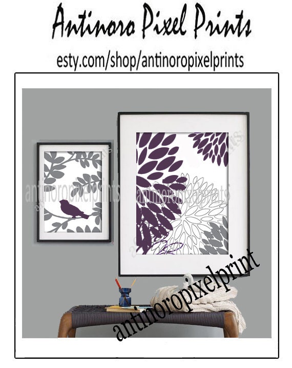 Purple Greys Bird Floral Prints Vintage Modern Art Print  - Set of (1) 11 x 14 (1) 8x10 Unframed Art Print, Custom Colors Sizes Available