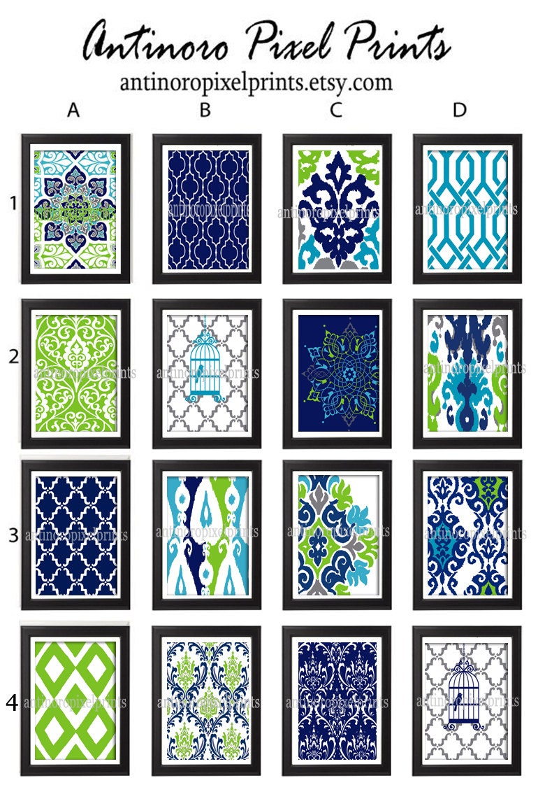 Turquoise Navy Chartreuse Grey  Damask Art Print  - Set of Any (4) 11 x 14 Unframed Art Print, Custom Colors Sizes Available