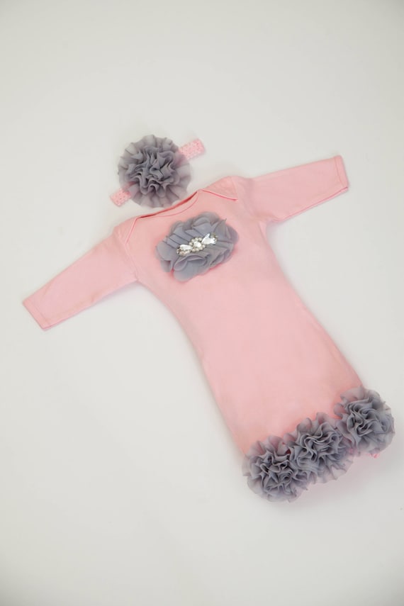 Newborn Infant Layette Baby Gown with Light Grey Chiffon Flowers and Rhinestones