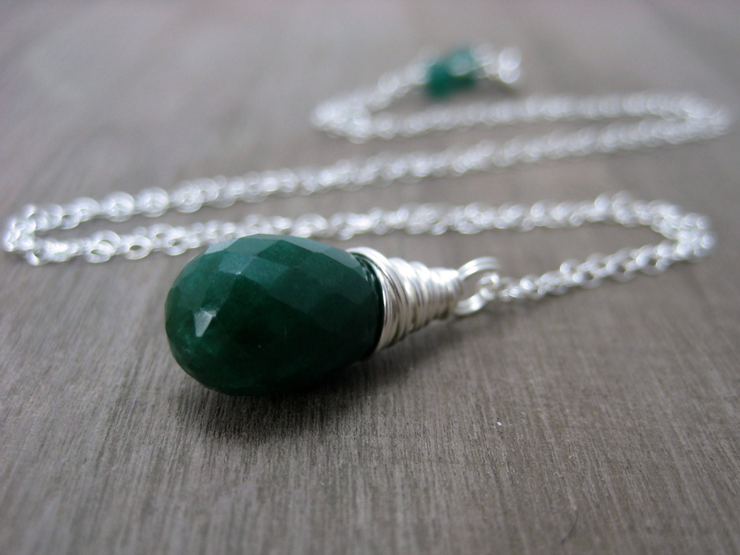 Genuine Emerald Necklace, Sterling Silver Wire Wrapped Dark Green May Birthstone Pendant Necklace