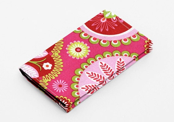 Business card holder, small wallet, business card wallet gift card case - pink and lime paisley medallions