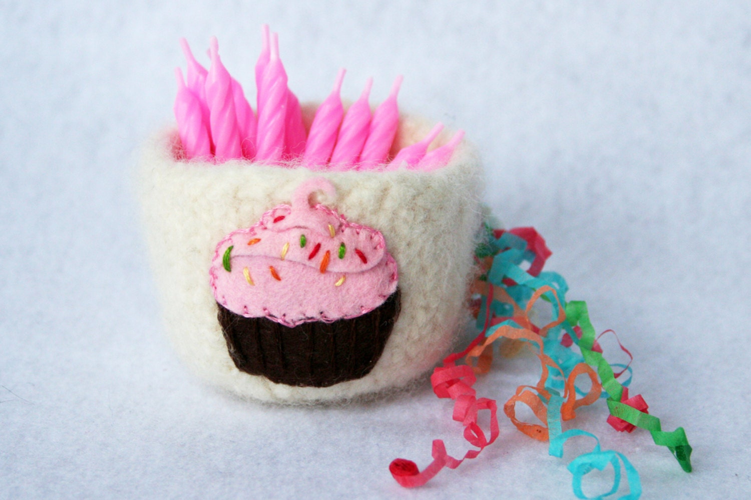 ivory wool felted happy birthday cupcake vessel bowl
