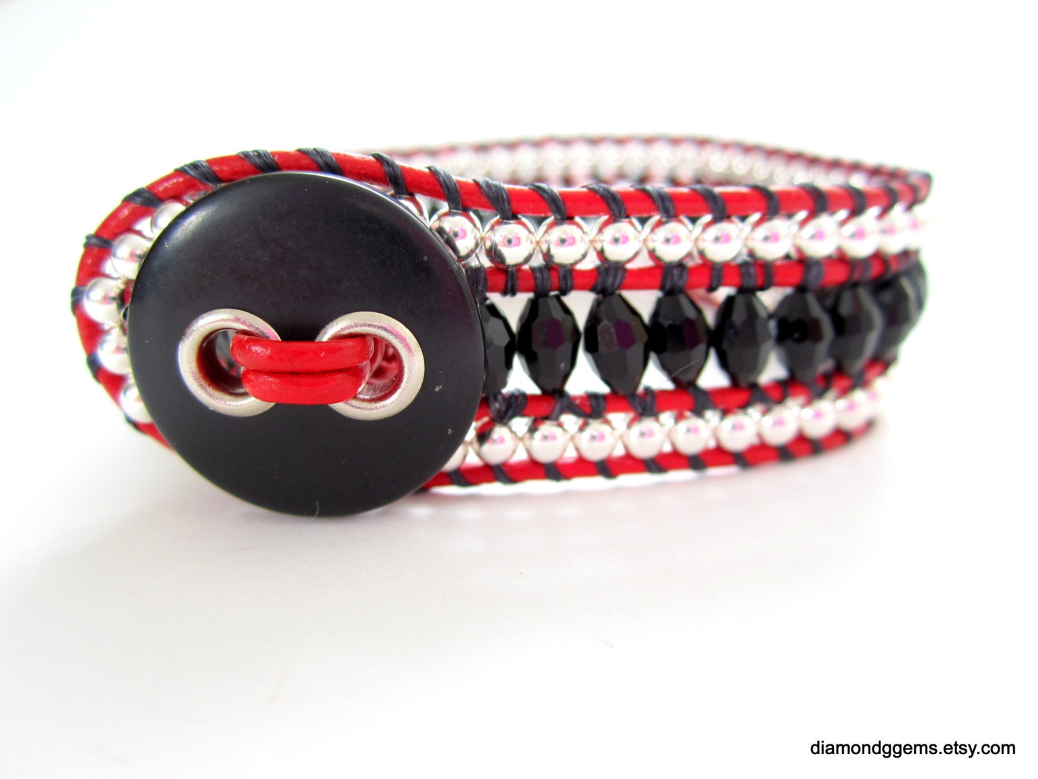 Women's Beaded Leather Cuff Red Black Silver Beaded Leather Cuff Crystal Beaded Bracelet Black Button Silver Beads Handmade Cowgirl Jewelry