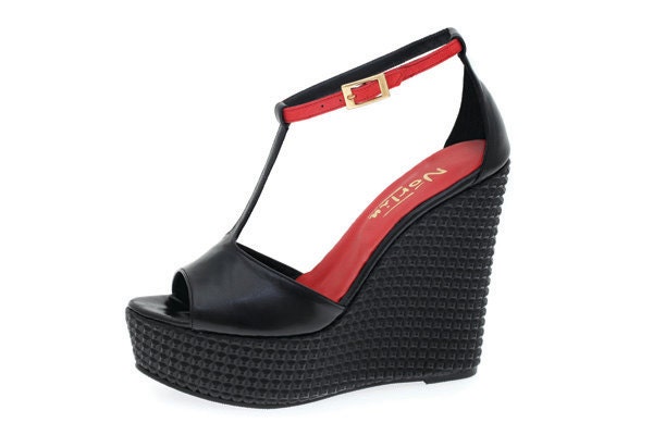 Handmade open toe, t-strap platform wedge in black & water melon red - made to order