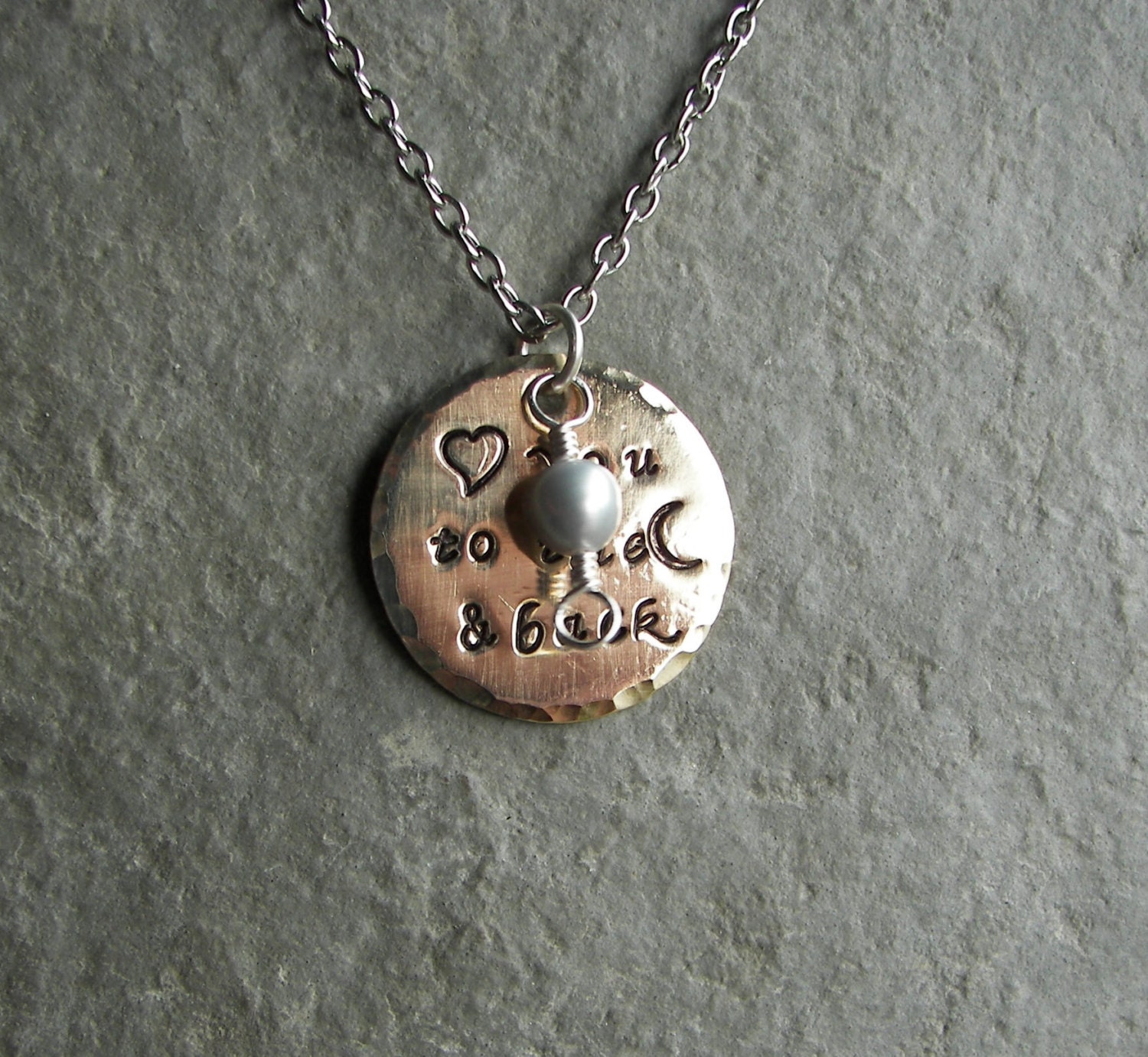 Hand Stamped Jewelry I Love You To The Moon and Back Necklace with Fresh Water Pearl