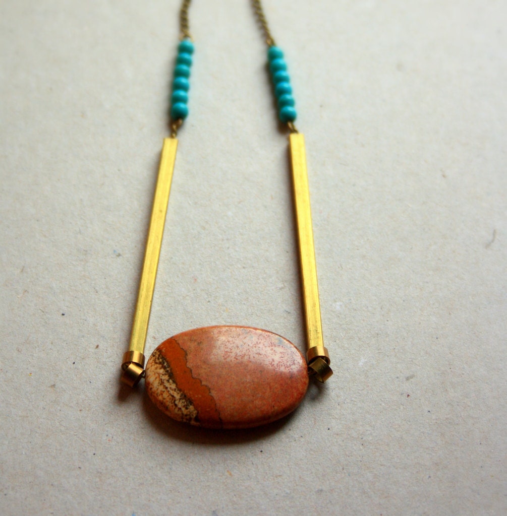 Turquoise and Brass Necklace with earthy stone and brassed details