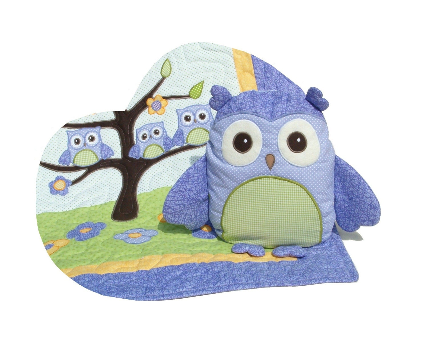 Owl Pillow, Organic Owl TOY Stuffed Animal  Softie  Purple Green / Al Heart Owl Pillow - HET -