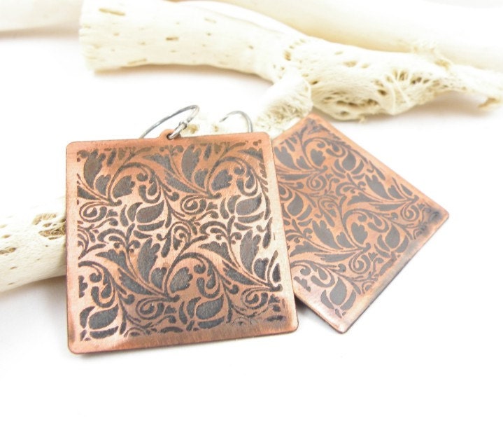 Etched rustic earrings , copper sterling silver earrings , ornament earrings