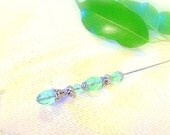 CLEARANCE beaded hat pin green leaves of summer silver mint Victorian lapel ascot stick pin brooch TAGT tenx