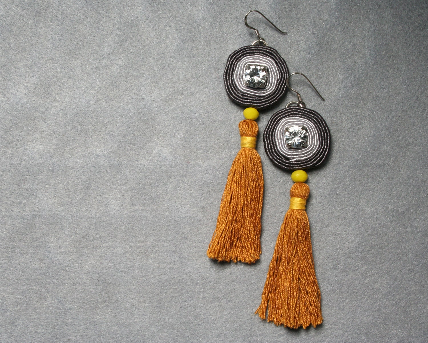 tassel earrings in gray and mustard yellow , oriental style,boho jewelry,with silver sterling hooks, soutache