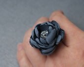 Flower Textile Ring in blue-gray,  Rhinestone Ring, Weddings Bridal Bridesmaids Art Flower Jewelry, adjustable
